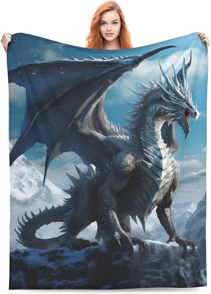 Blue Ice Dragon Blanket Gifts for Adults Boys Snow Mountain Flannel Throw Blankets Soft Comfy Lightweight for Home Decor Couch Bed Sofa 60x50 Inches