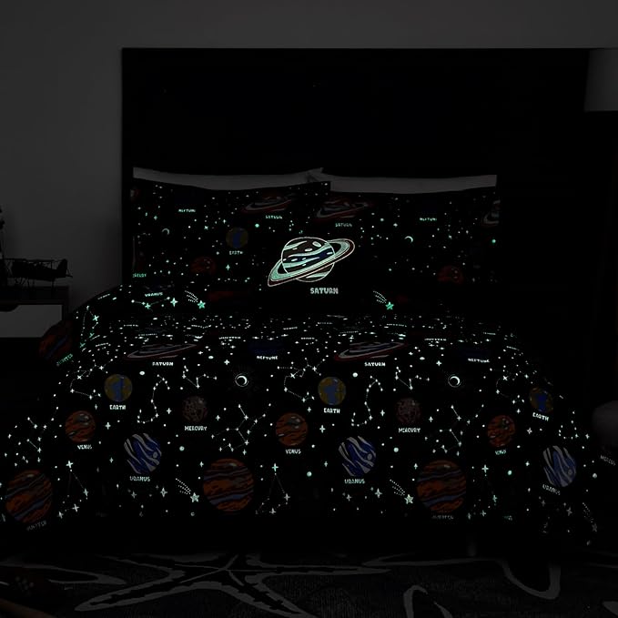 Glow in The Dark Kids Comforter Set Full Size for Boys Teen, Space Bedding Set 1 Comforter, 1 Decor Pillow, 2 Pillow Shams