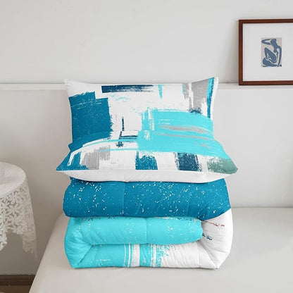 Feelyou Abstract Bedding Set Comforter Set for Kids Boys Girls Teens Room Decor Modern Abstract Art Comforter Teal Blue White Duvet Set 3Pcs Queen Size