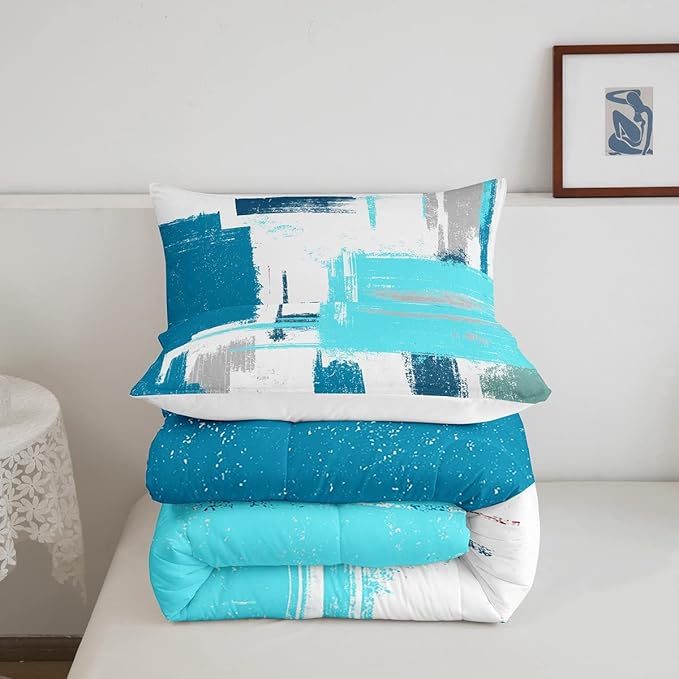 Feelyou Abstract Bedding Set Comforter Set for Kids Boys Girls Teens Room Decor Modern Abstract Art Comforter Teal Blue White Duvet Set 3Pcs King Size