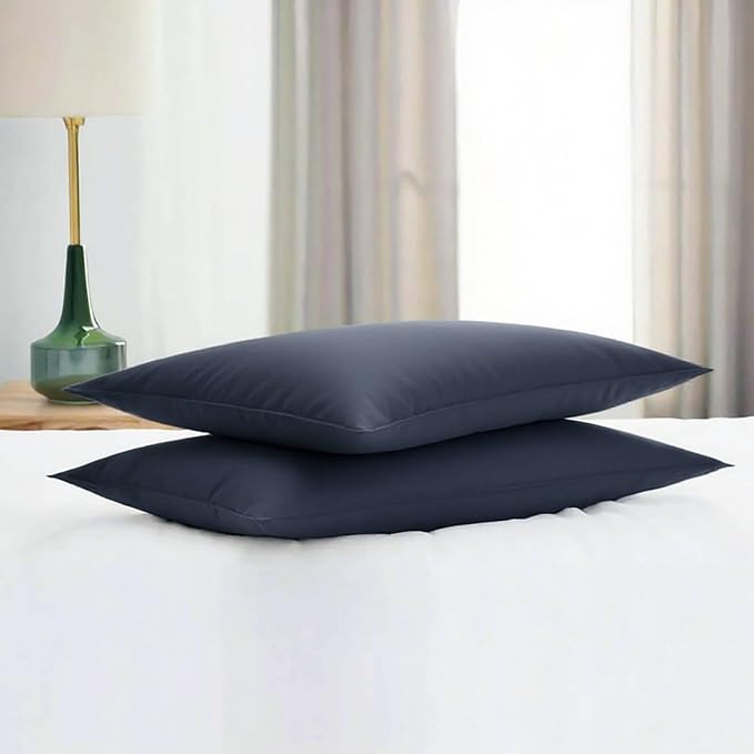 Flat Ultra Thin Bed Pillows Standard Size Pillow Set of 2 Extra Soft Down Alternative for Stomach Side Back Sleeper Dark Blue 20x26inches
