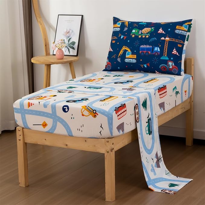 NTBED 4 Pieces Construction Truck Toddler Bedding Set for Baby Boys, Flags Vehicles Excavator Cars Printed, Includes Comforter, Flat Sheet, Fitted Sheet and Pillowcase,Navy