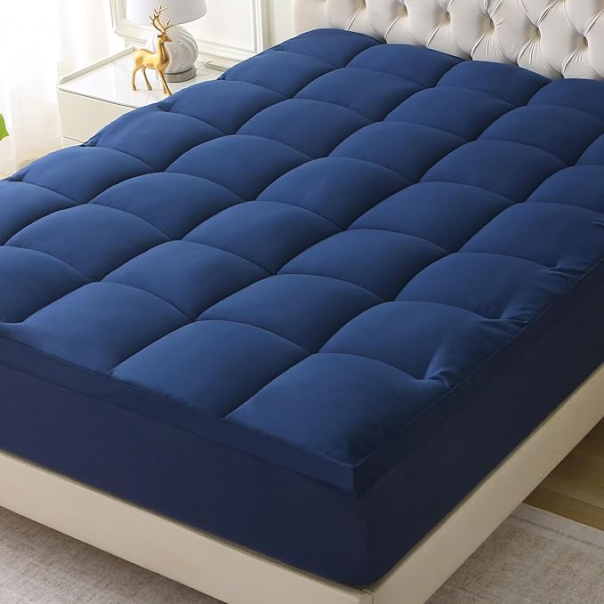 Mattress Topper with Deep Pocket, Extra Thick Pillow Top Mattress Pad, Breathable & Cooling Mattress Cover, Fits 8-21 Inch, Soft Support for Back Pain Relief, Mattress Protector (King, Navy Blue)