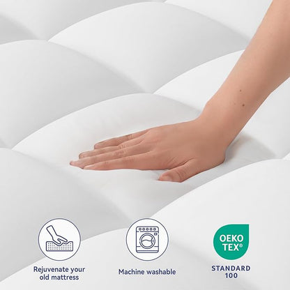 ELEMUSE Super/Olympic Queen Mattress Topper for Back Pain, Extra Thick Mattress Pad Cover, Plush Soft Pillowtop with Elastic Deep Pocket, Overfilled Down Alternative Filling