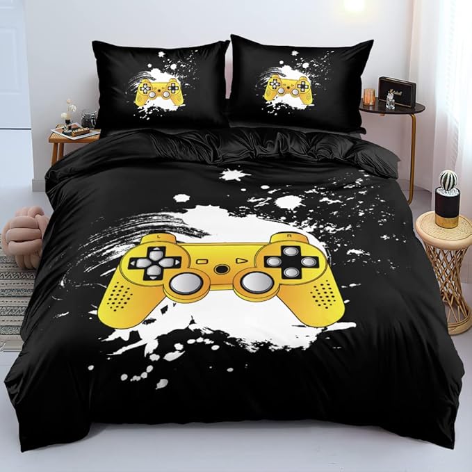 3D Print Yellow Gamepad Duvet Cover Set Gaming Comforter Covers and Pillowcases King Size Black Background Color Bed Set Gamer Beddings Boy Kid Bedroom Decorations