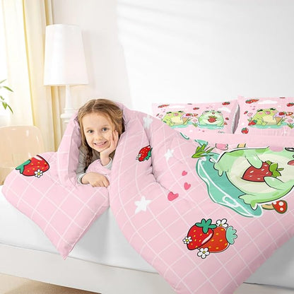 Cartoon Frog Comforter Set Queen Size Red Mushroom Strawberry Bedding Set for Kids Girls Boys Teens Bedroom Decor Cute Stars Cloud Pink Grid Quilt Set Kawaii Animals Plants Duvet Insert 3Pcs