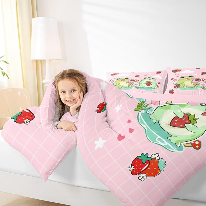 Cartoon Frog Comforter Set King Size Red Mushroom Strawberry Bedding Set for Kids Girls Boys Teens Bedroom Decor Cute Stars Cloud Pink Grid Quilt Set Kawaii Animals Plants Duvet Insert 3Pcs