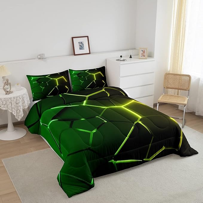 Feelyou Honeycomb Comforter Green Yellow Hexagonal Print Bedding Set for Kids Boys Girls Children Beehive Geometrical Comforter Set Ultra Soft Decor Reticulated Duvet Set Queen Size