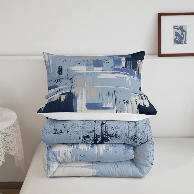 Feelyou Abstract Bedding Set Kids Modern Abstract Art Comforter Set Light Blue Black Comforter for Boys Room Decor Lightweight Duvet Set Toddler Size with 1 Pillow Case