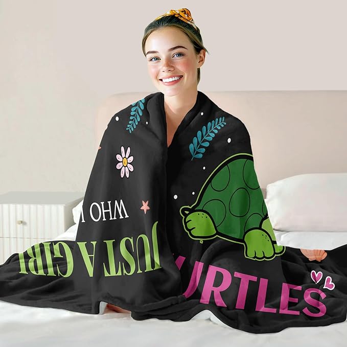 Turtle Lover Blanket, Just A Girl Who Loves Turtles Blanket, Soft Warm Cozy Fleece Throw, Gifts for Girls Women Kids, 50"x60", Black