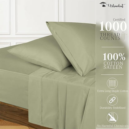 URBANHUT 1000 Thread Count Twin Sheets Egyptian Cotton for Twin Size Bedding Long Staple Soft & Breathable, 3 Pc Bed Sheet Sets, Luxury Hotel Sateen Weave Sheets Fits 16" Deep Pocket - Sage