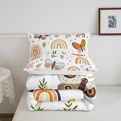 Boho Rainbow Comforter Set Twin Size Cute Butterfly Bedding Set 2pcs for Kids Girls Boys Adult Room Decor Cartoon Love Heart Palm Leaves Quilt Set Animals Botanical Duvet Insert,1 Pillowcase