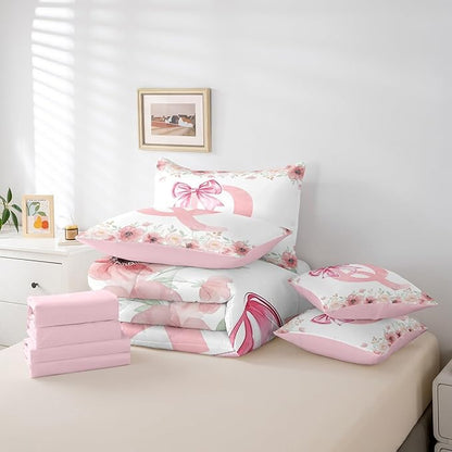 Erosebridal Kawaii Pink Bow Tie Bowknot Bed in A Bag,Flower Initial Letter Q Bedding Sets for Kids Girls Twin Size, Spring Fresh Style Comforter Set with Sheets, 2 Pillowcases, 2 Throw Pillow Covers
