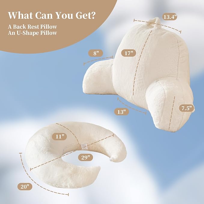 Reading Pillow for Bed,U Shaped & Back Support Pillow for Bed,17" Backrest with Lumbar & Arm Support,Luxurious Faux Rabbit Fur,Gaming PillowFor Crochet/Reading/Watching TV,White
