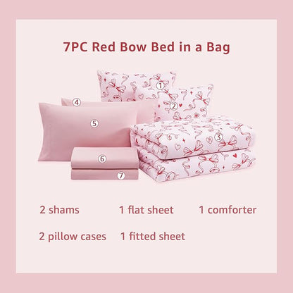 Queen Comforter Set for Girls, Red Bow Bedding Set Reversible with Cute Heart, All Season Kids Bed in a Bag 7 Pieces with Sheets, Pillowcases & Shams