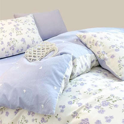 Floral Duvet Cover Queen Size Purple Lavender Heart Bedding Set 3Pcs Spring Romantic Aesthetic Garden Flower Love Pattern Cooling Comforter Cover with Zipper Closure and 2 Pillowcases