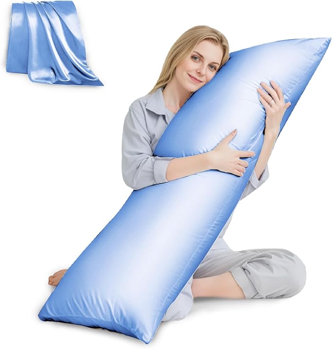 HUXMEYSON Body Pillow with Satin Pillowcase, Body Pillow for Adults, Removable Cover, Light Blue (20"x54")