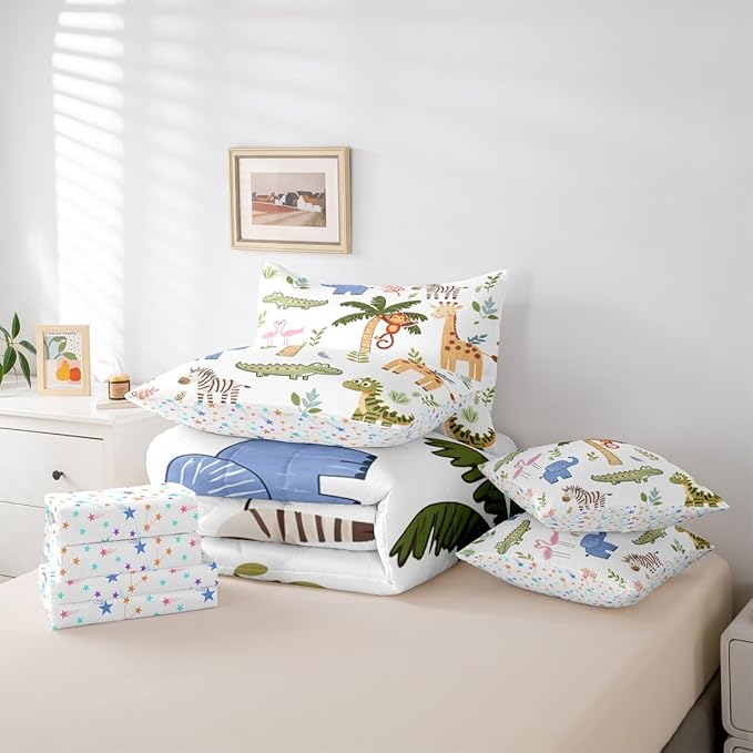 Feelyou Kids Zoo Animals 7 Piece Bedding Set Cute Giraffe Monkey Elephant Comforter Set with Sheets for Kids Boys Girls Plants Printed Bed in a Bag Animal Theme Bed Set Soft Lightweight