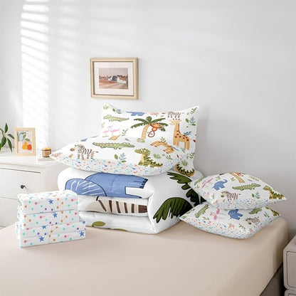 Feelyou Kids Zoo Animals 7 Piece Bedding Set Cute Giraffe Monkey Elephant Comforter Set with Sheets for Kids Boys Girls Plants Printed Bed in a Bag Animal Theme Bed Set Soft Lightweight