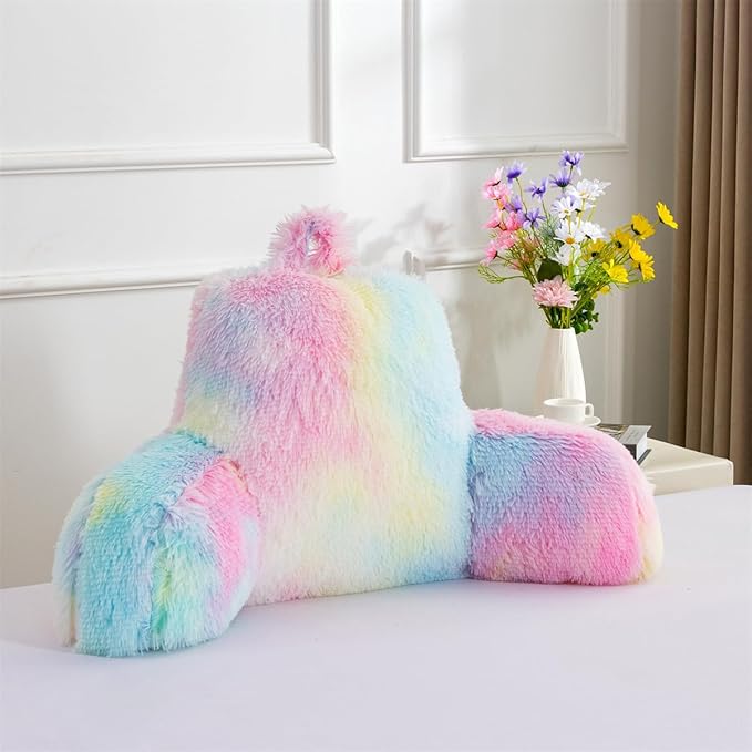 Holawakaka Large Faux Fur Bed Rest Pillow with Arms,Tie Dye Reading Pillows Perfect for Adults Teens Women, Arm, Back, Bedroom Nursery Playroom Sofa Couch Lounge Backrest Cushion(Multi-Color)