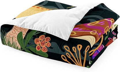 Mushrooms Bedding Set Twin Size, Cartoon Fungus Comforter for Girls Boys Teens, Black Lovely Quilt Botanic Pattern Comforter Set Soft Breathable Cute Duvet Set for All Season 2Pcs with Pillowcase