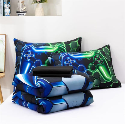 NTBED 3D Gaming Comforter Set for Boys Kids Teens,5pcs Gamer Bedding Sets with Sheet,Game Console Bed in a Bag(Blue Green, Queen)