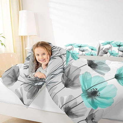 Erosebridal Teal Floral Toddler Bedding Set,Teal and Grey Flower Comforter Set for Kids Girls,Farmhouse Flowers Quilt,Boho Flowers Wildflower Bedroom Decor with 1 Pillowcase,Ultra Soft