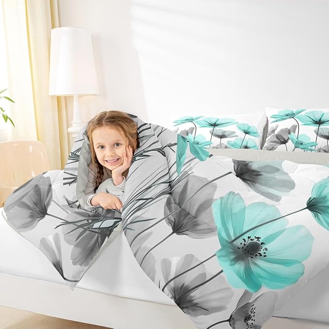 Erosebridal Teal Floral Queen Comforter Set,Teal and Grey Flower Bedding Set for Kids Girls Women,Farmhouse Flowers Quilt,Boho Flowers Wildflower Bedroom Decor with 2 Pillowcases,Ultra Soft