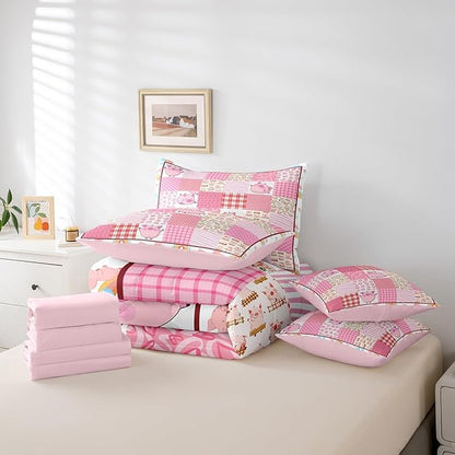 Feelyou Pink Pig 7 Piece Bedding Set for Girls & Boys,Queen Size Cartoon Cute Pig Bed in a Bag,Geometric Comforter Set with Sheets