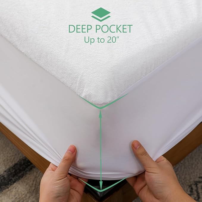 Full Size Waterproof Mattress Cover, Premium Terry Top Mattress Cover, Breathable, Noiseless, Cooing & Machine-Washable Bed Cover with 21" Deep Pocket