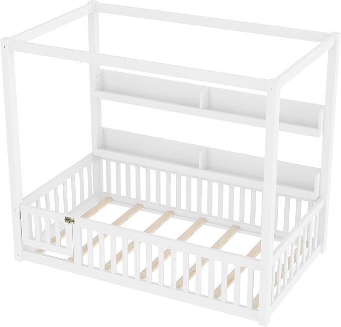 CZBZ Twin Size Canopy Floor Bed with Guardrails and Built-in Shelves, Solid Wood Montessori-Inspired Low Bed Frame, White