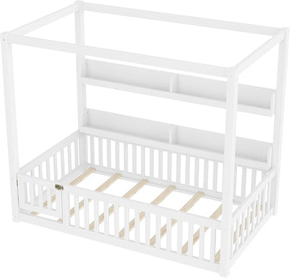 CZBZ Twin Size Canopy Floor Bed with Guardrails and Built-in Shelves, Solid Wood Montessori-Inspired Low Bed Frame, White