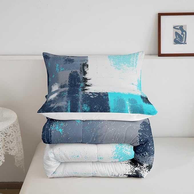 Abstract Comforter Modern Abstract Art Comforter Set for Boys Girls Children Teal Blue Grey Pattern Bedding Set Room Decor Toddler Size Duvet Set 2Pcs