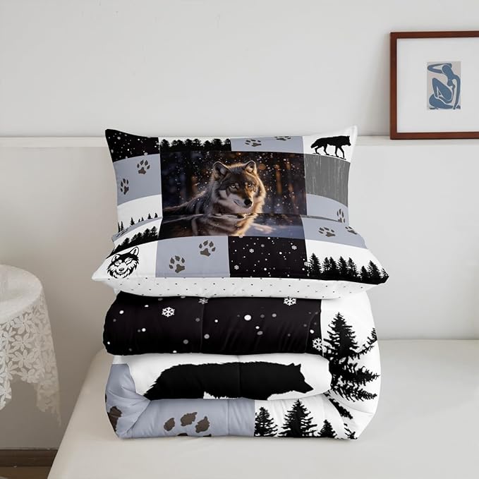 Feelyou Rustic Comforter Set Toddler Size Woodland Wolf Comforter for Boys Girls Teens Wolf Paws Print Bedding Set Wild Adventure Teens Duvet Set Room Decor Pine Trees Quilt Set