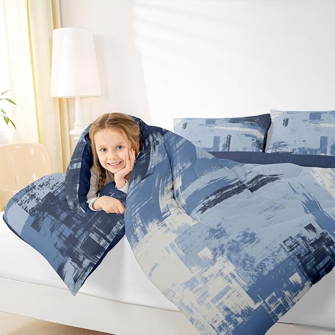 Feelyou Abstract Bedding Set Kids Modern Abstract Art Comforter Set Light Blue Black Comforter for Boys Room Decor Lightweight Duvet Set Twin Size with 1 Pillow Case