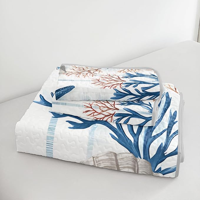 Starfish Coastal Bedding Quilt Sets Twin Size,Summer Shell Blue Coral Nautical Bedding Quilt with 2 Pillowcases,Beach Themed Soft Lightweight Quilted Set.