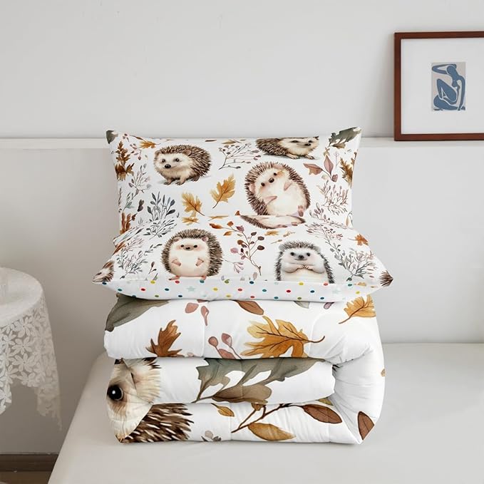 Cartoon Hedgehog Kids Bedding Sets,Watercolor Autumn Leaves Plants Comforter Set for Boys Girls Teens,Cartoon Wild Animals Rustic Style Down Comforter with 2 Pillowcases Queen Size 3 Pcs