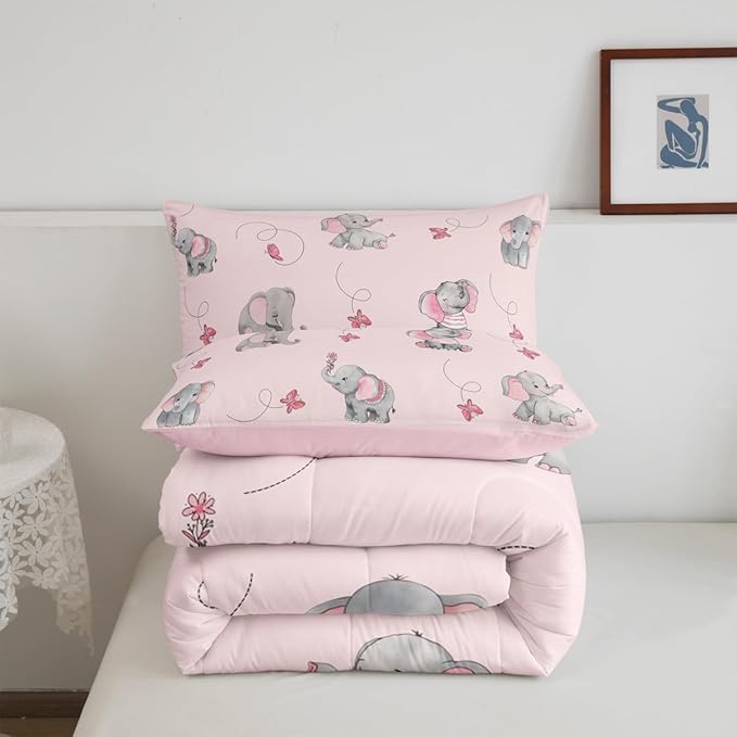 Cute Elephant Kids Comforter Set Twin Size,Pink Butterfly Cartoon Wildlife Reversible Bedding Set for Teens Bedroom,Watercolor Grey Animal Kawaii Quilted Duvet with 1 Pillowcase