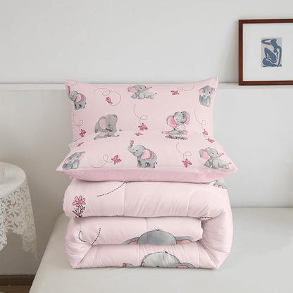 Cute Elephant Kids Comforter Set Twin Size,Pink Butterfly Cartoon Wildlife Reversible Bedding Set for Teens Bedroom,Watercolor Grey Animal Kawaii Quilted Duvet with 1 Pillowcase