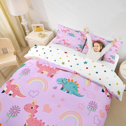 Kawaii Dino Duvet Cover Set Toddler Size,Cute Rainbow Floral Love Heart Reversible Quilt Cover for Kids Boys Girls Pink Blue Dinosaur Lovely Animal Bedding Set with 1 Pillowcase,No Comforter