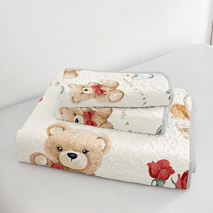 Kawaii Brown Teddy Bear Pet Toy Quilt Bedding King 3Pcs Cartoon Rose Cake Breadbasket Bed Set Safari Animal Pattern Bedspread Coverlet with 2 Pillowcases for Kid Boy Girl Teen Adult Room Decor