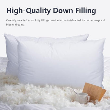 Set of 2 Standard Size Down Pillows - Goose Feather & Down Blend Pillows 440 Fill Power, 100% Cotton Cover, Hypoallergenic, Medium Support
