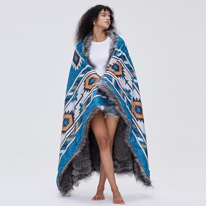 Luxury Plush Faux Fur Throw Blanket with Aztec Pattern, Super Warm, Fuzzy, Elegant, Fluffy Decoration Blanket for Couch, Armchair, Sofa and Bed, 60''x 80'', Teal