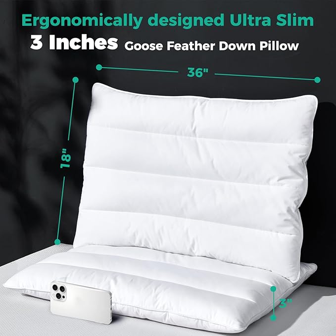 Three Geese Luxury Flat Thin Goose Feather Down Pillows King Size, 3" Height, 100% Cotton Cover, Medium Firm Hotel Collection Ultra Slim Thin Bed Pillows, Machine Washable, 18 x 36 Inches