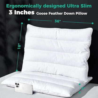 Three Geese Luxury Flat Thin Goose Feather Down Pillows King Size, 3" Height, 100% Cotton Cover, Medium Firm Hotel Collection Ultra Slim Thin Bed Pillows, Machine Washable, 18 x 36 Inches