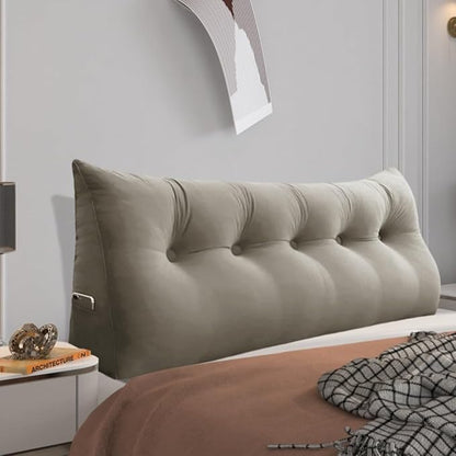 Headboard Pillow - 3 in 1 Large Bed Pillow as Wedge Reading Pillow, Large Couch Daybed Pillow or Positioning Support Backrest Back Cushion for Sitting in Bed Velvet Queen Beige-Gray