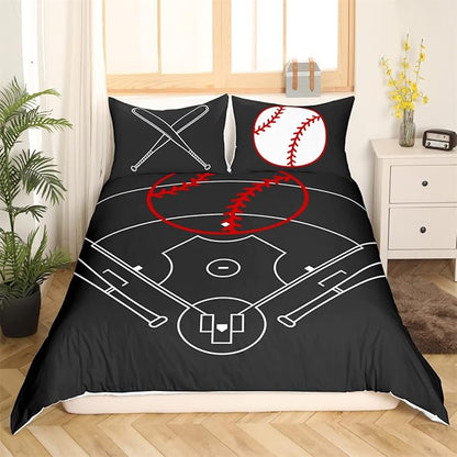 Castle Fairy Baseball Field Print Duvet Cover Set Twin Size,Boys Ball Sports Games Themed Comforter for Kids Boys Bedroom Gift,Red Bat Sporting Equipment Bedding with 1 Pillowcase, Polyester