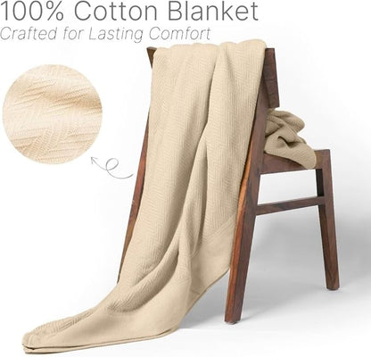 Queen Size Multipurpose Blanket, 100% Extra Long Staple Cotton, Soft & Breathable Herringbone Weave, Beige, Lightweight, Machine Washable, All-Season Throw Blanket for Bedroom & Travel
