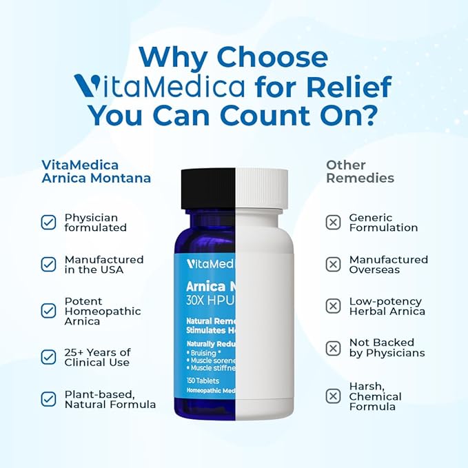 VitaMedica Arnica Montana 30X Homeopathic Tablets for Bruising Pain and Swelling | Plant Based Formula | Recommended by Plastic Surgeons | Natural Recovery Surgery Or Injury | 2 Pack | 100 Servings
