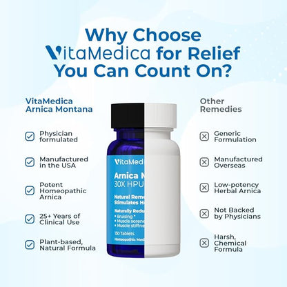 VitaMedica Arnica Montana 30X Homeopathic Tablets for Bruising Pain and Swelling | Plant Based Formula | Recommended by Plastic Surgeons | Natural Recovery Surgery Or Injury | 2 Pack | 100 Servings